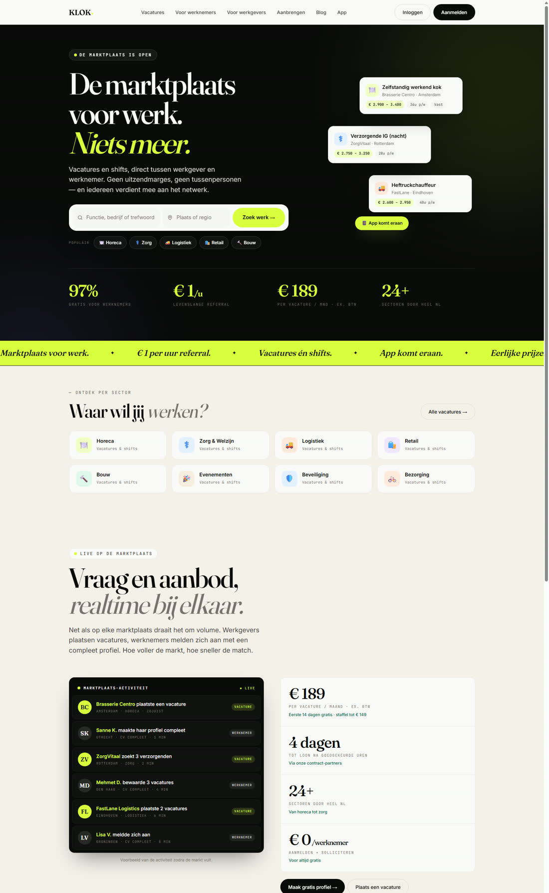 Klok — homepage, scrollt bij hover