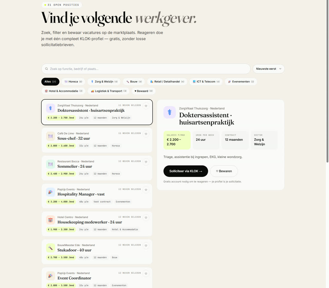 Klok vacature-browser met splitview-detail